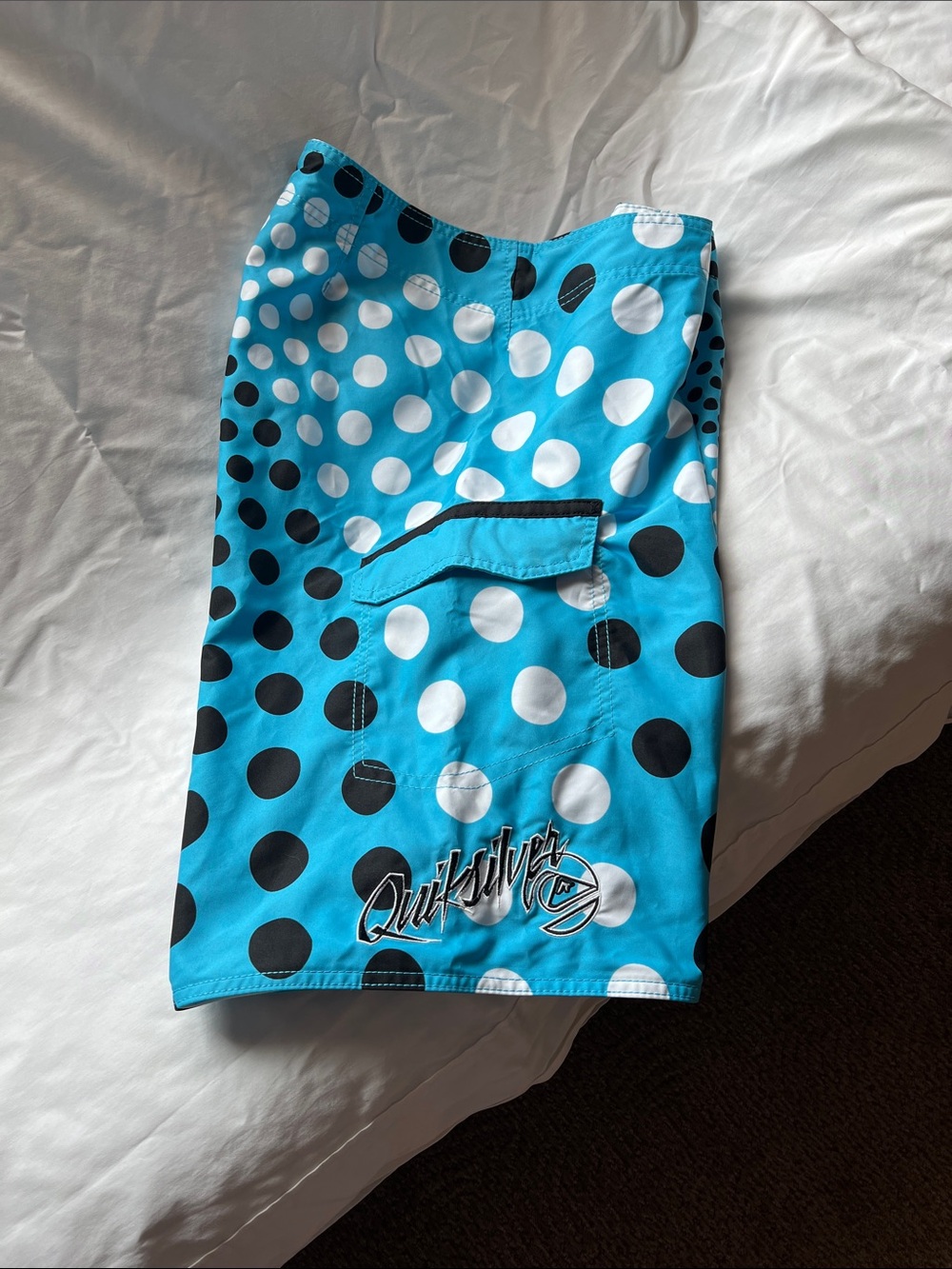 Quiksilver Turquoise Swim Trunks with White and Black Polka Dots